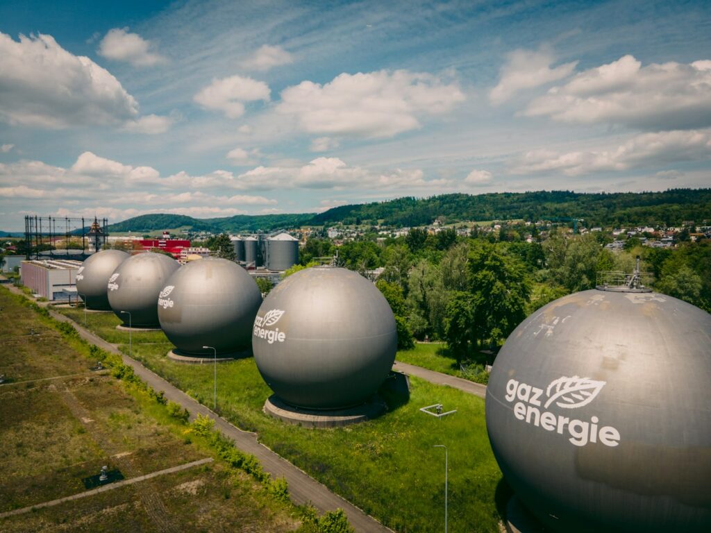 Biogas digester tanks and process pipework at a working plant